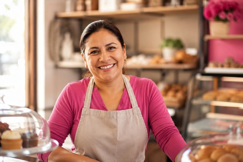 Dueña de una pastelería atendiendo su negocio tradicional en Perú